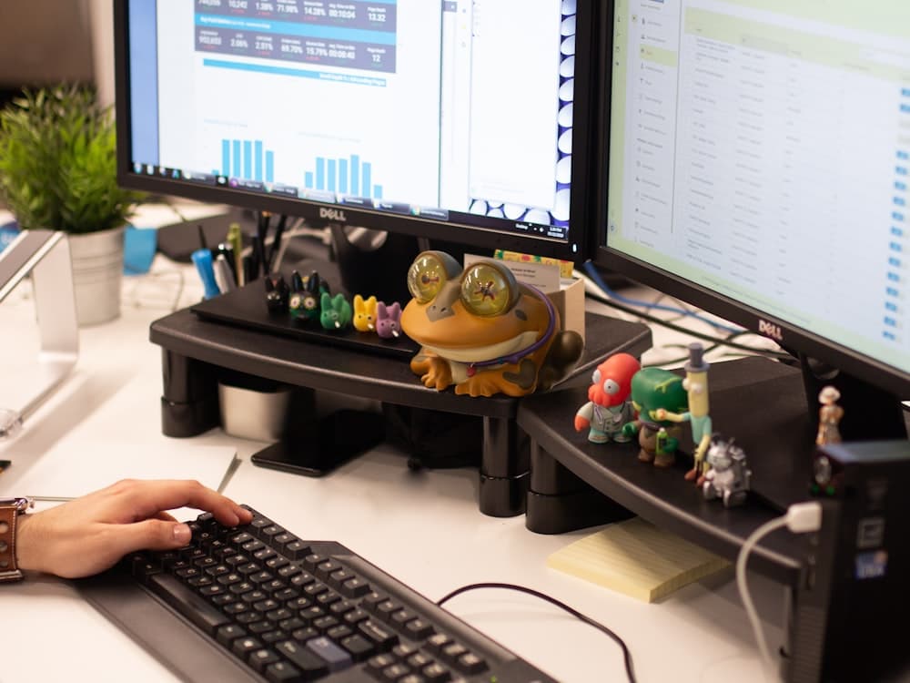 Reporting dashboards open across two monitors at a working desk